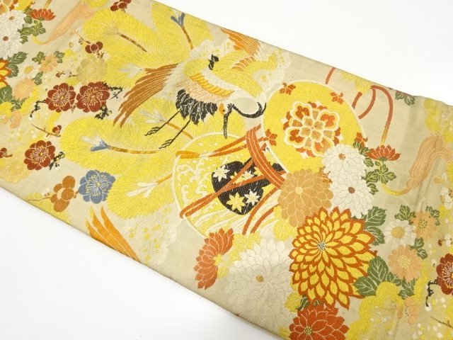 JAPANESE KIMONO / ANTIQUE MARU OBI / WOVEN KIKU & CRANE